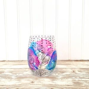 NEW Hand painted stemless wine glass